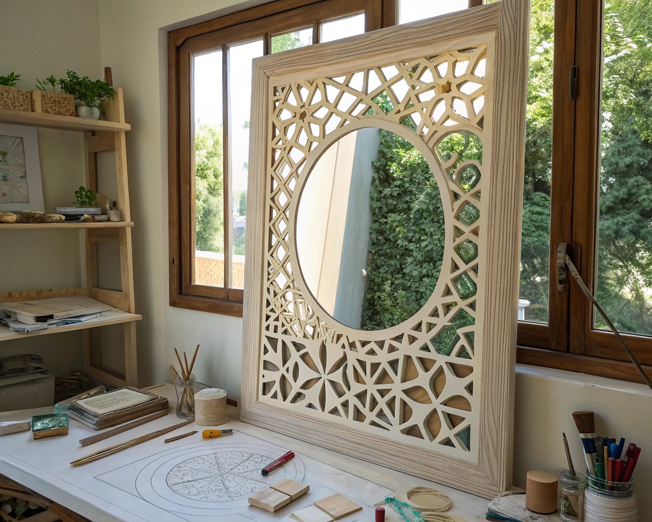 Create your design by arranging templates and taping off areas on the mirror.