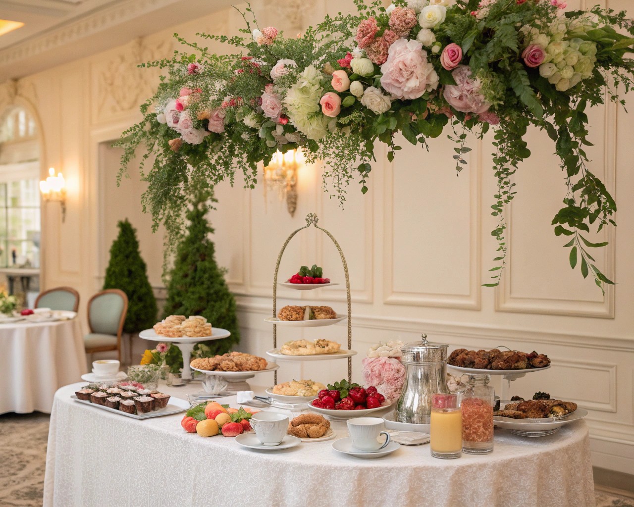 Hanging flower arrangements create a stunning and immersive environment for any celebration.