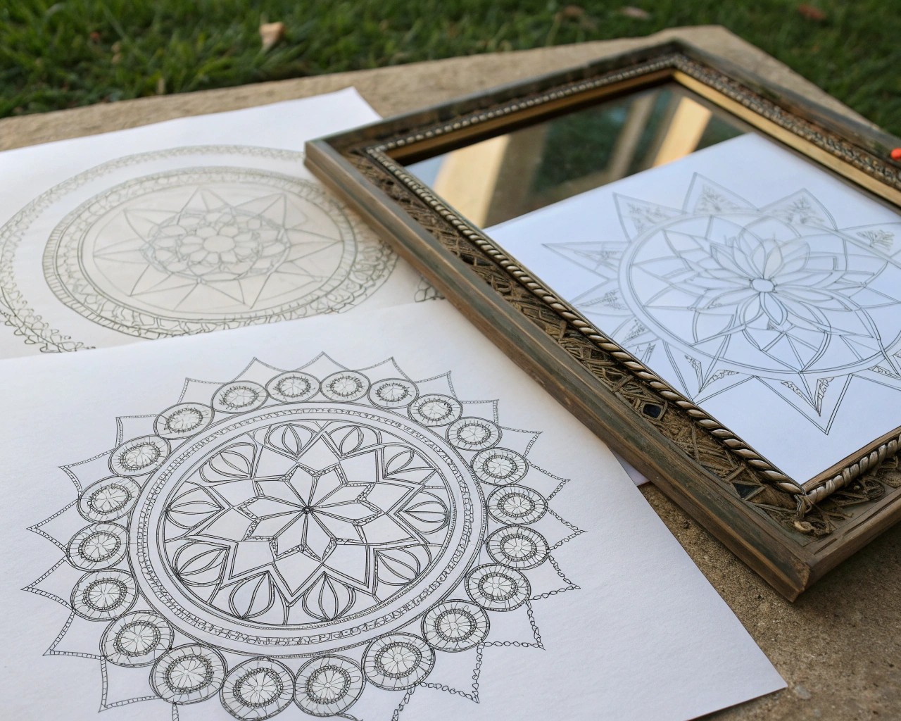 Plan your mirror art layout with sketches and geometric patterns.