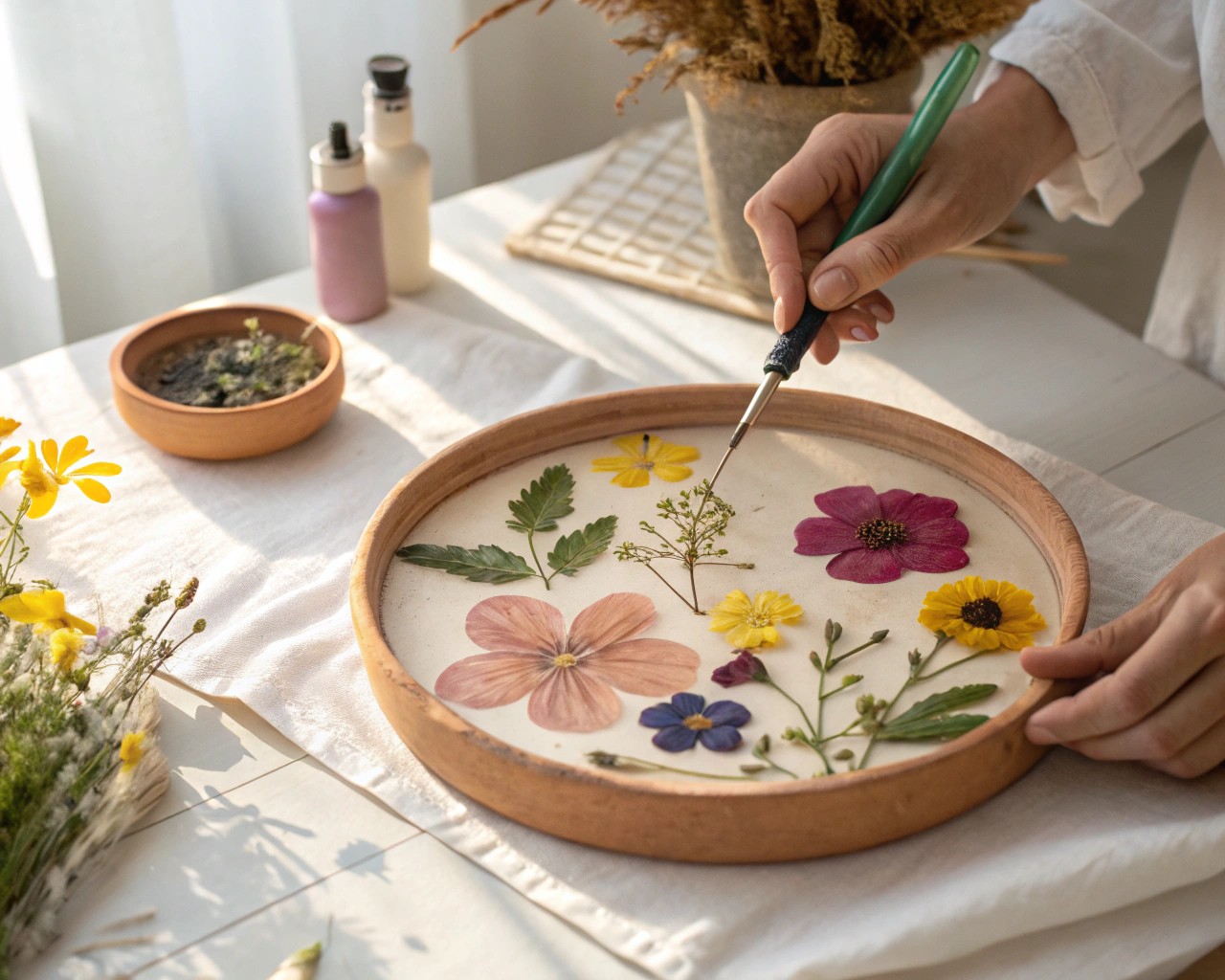 Strategically placing pressed flowers creates a visually balanced and beautiful trinket dish.